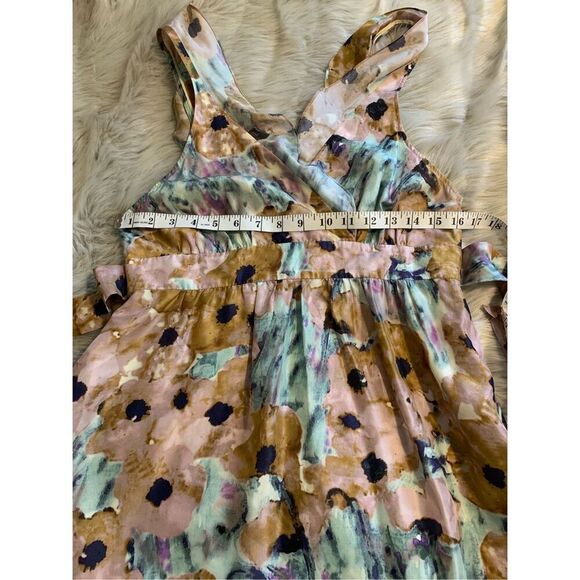 Theory Galla Dress Silk Watercolor Wrapover Bodice Open Back Ruffled Tie Waist 8 - Picture 13 of 14